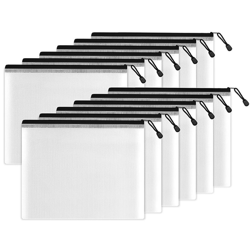 ساني حقيبة SUNEE شبكية بلاستيكية بسحاب مقاس 9.2x12.5 بوصة (أسود، 12 عبوة)، حقيبة كبيرة جدًا بسحاب مقاومة للماء للوازم المكتبية المدرسية، والألغاز والألعاب، وتنظيم التخزين - Image 1